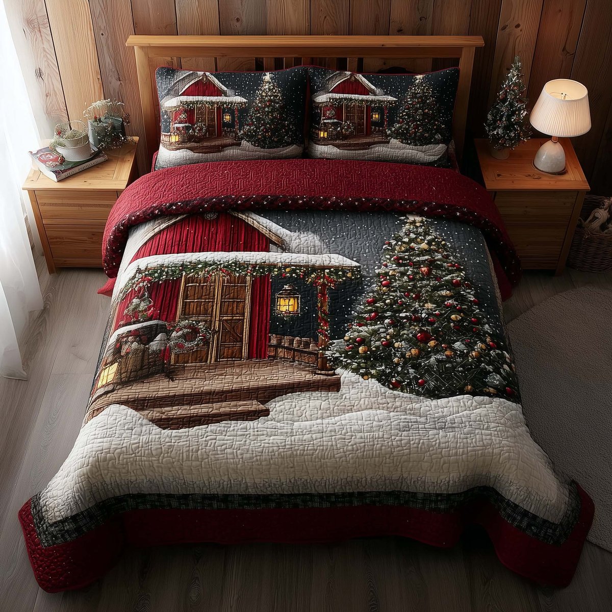 Winter Barn 3 Piece Quilted Bedding Set Gift For Farmhouse Decor Lovers