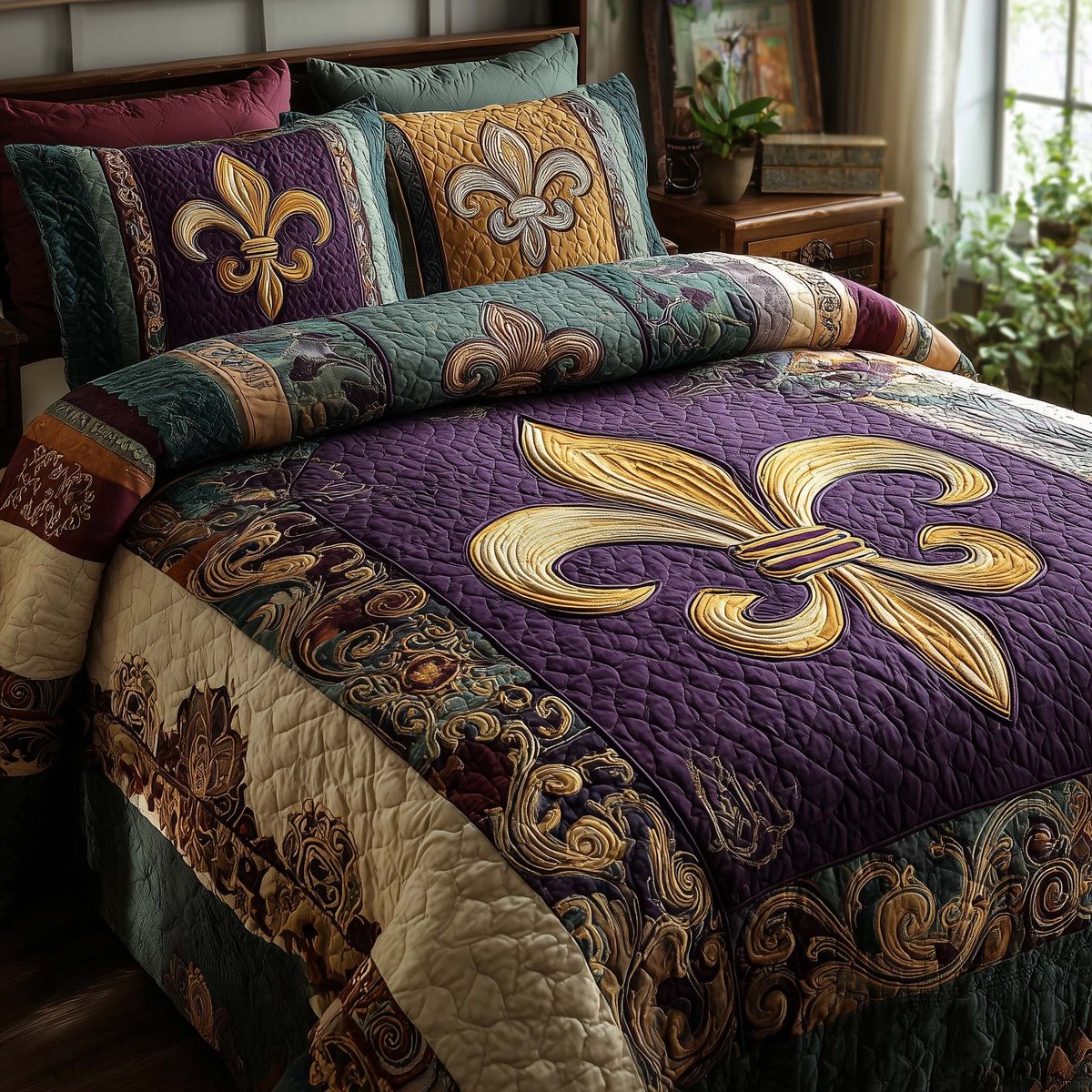 Fleur De Lis 3 Piece Quilted Bedding Set Gift For Home Decor Lovers