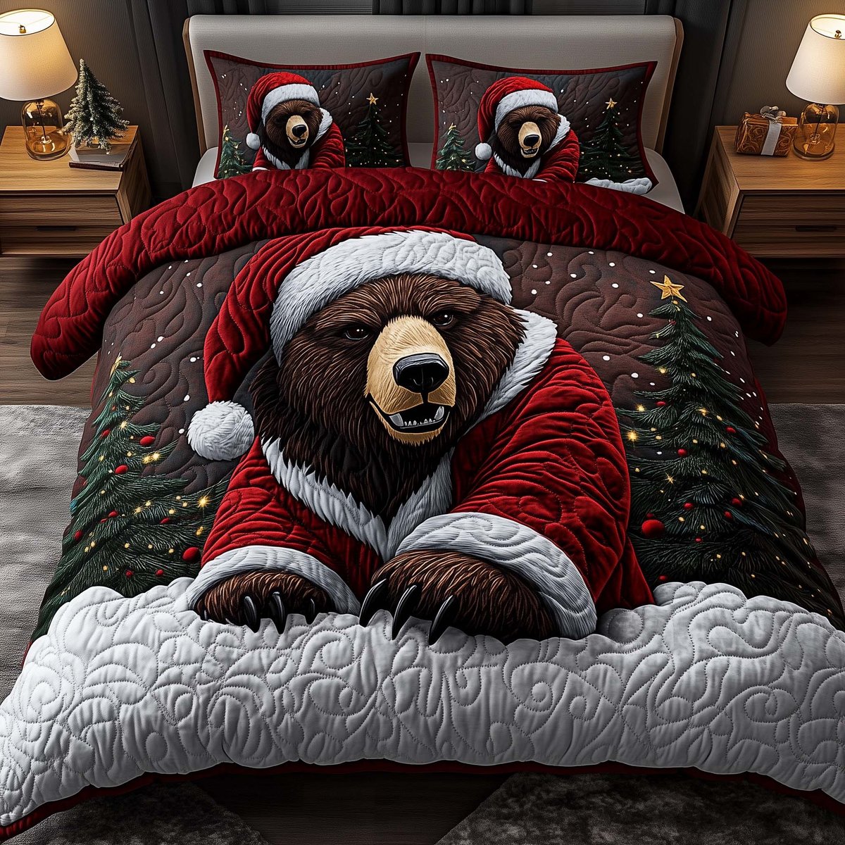 Santa Bear Duvet Cover Set 3 Piece Quilted Bedding Set Christmas Gift For Bear Lovers
