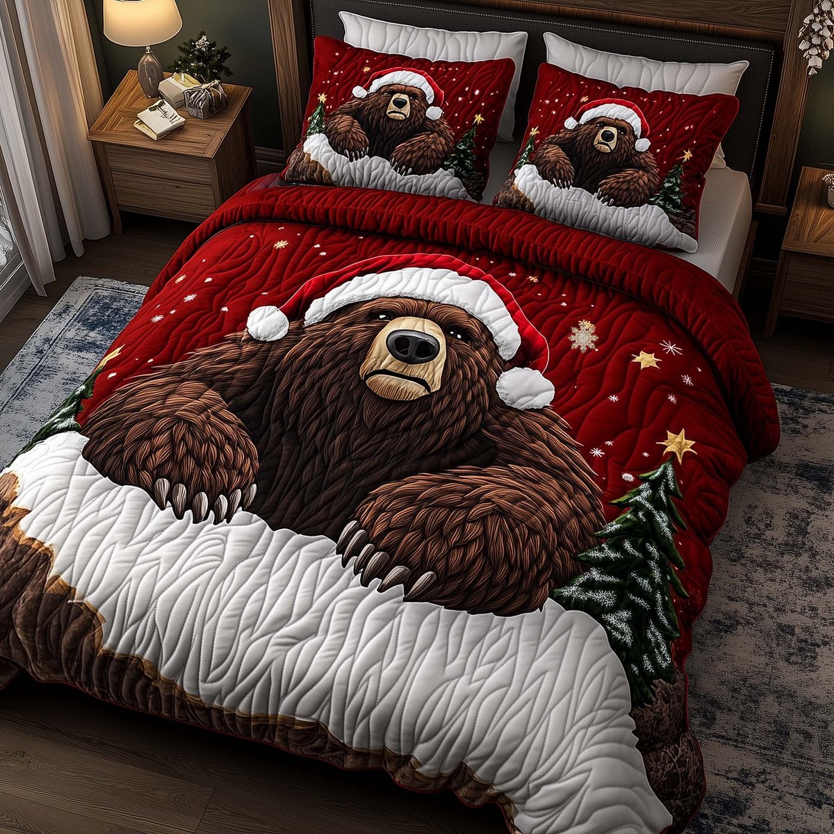 Santa Bear Duvet Cover Set 3 Piece Quilted Bedding Set Christmas Gift For Bear Lovers