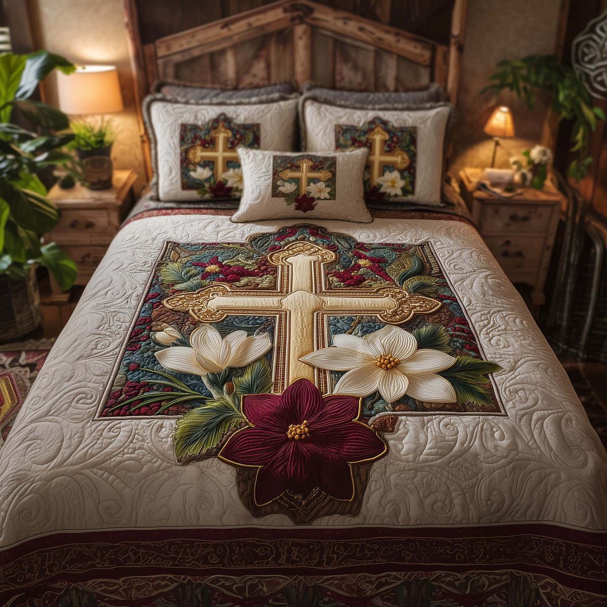 Cross 3 Piece Quilted Bedding Set Gift For Christians