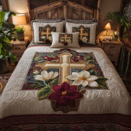 Cross 3 Piece Quilted Bedding Set Gift For Christians