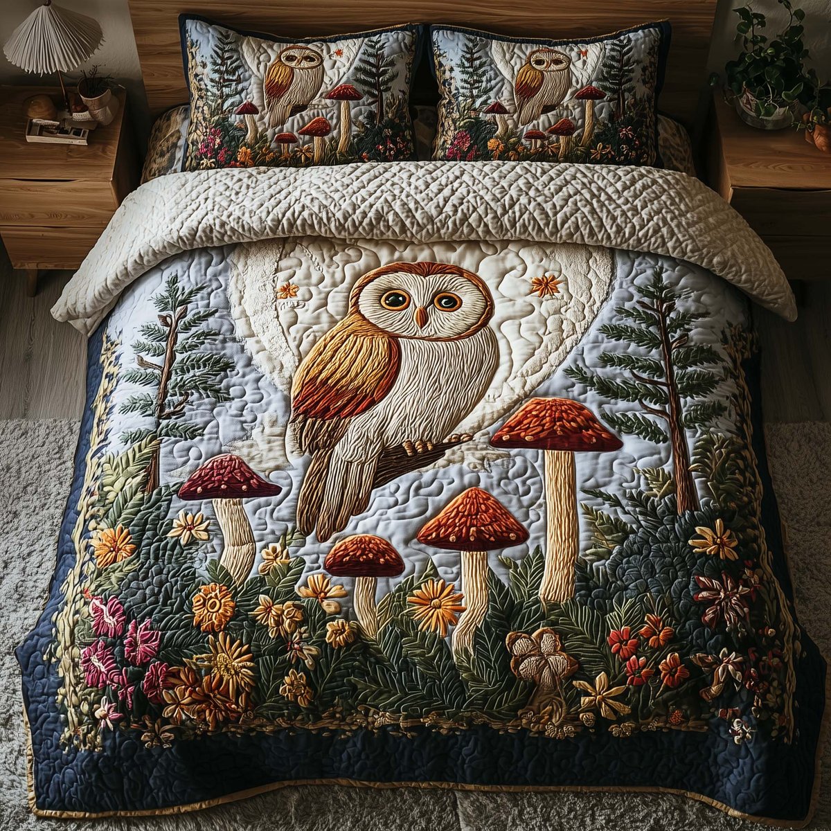 Celestial Owl 3 Piece Quilted Bedding Set Gift For Bird Lovers