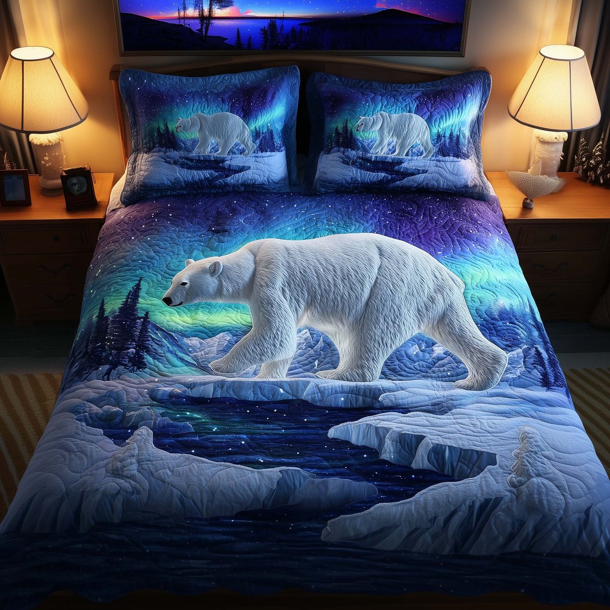 Polar Bear 3 Piece Quilted Bedding Set Gift For Bear Lovers