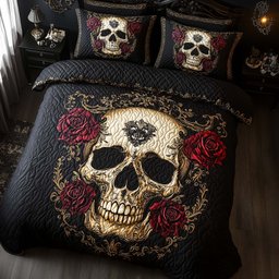 Mystique Solo Skull 3 Piece Quilted Bedding Set Gift For Gothic Decor Lovers