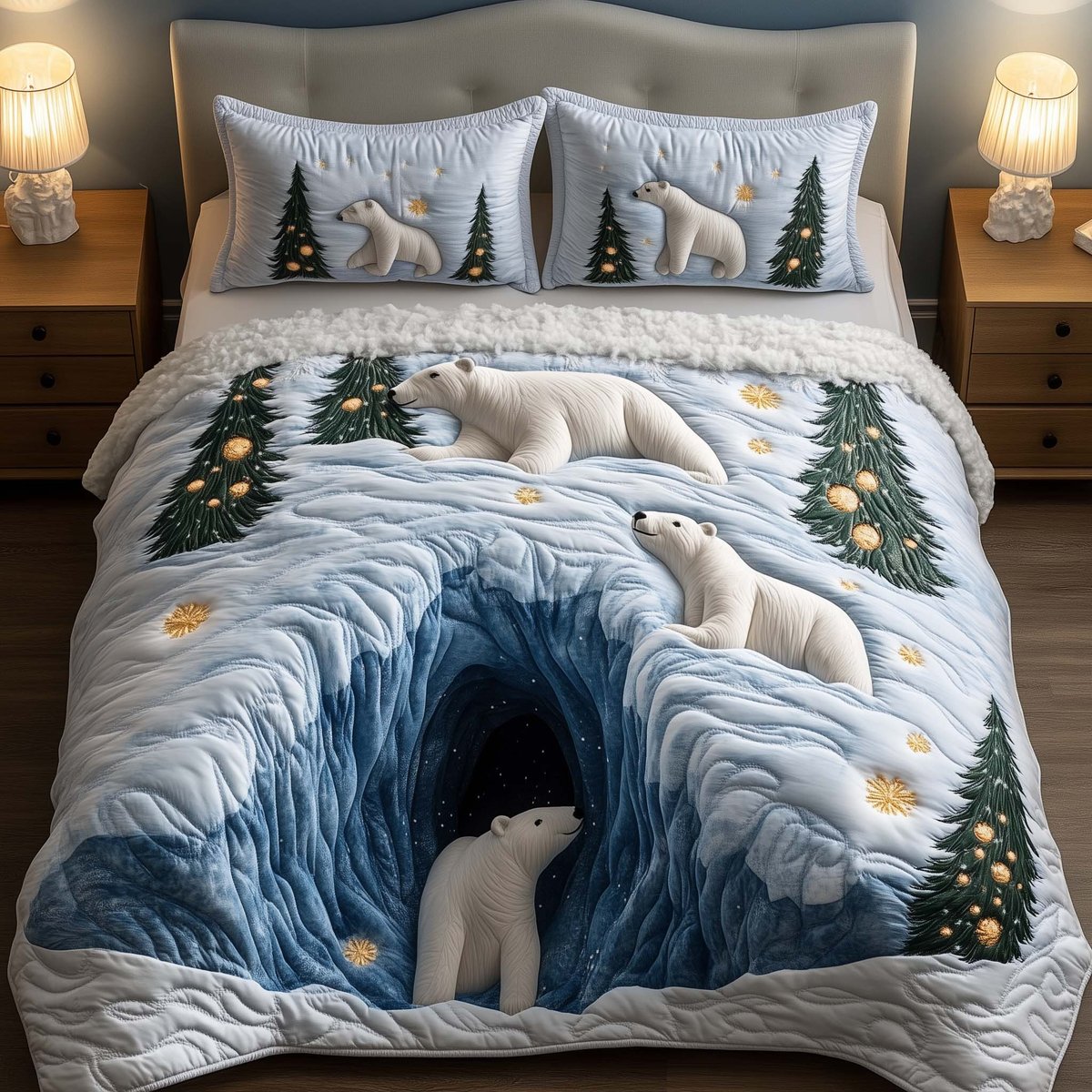 Snow Bear Duvet Cover Set 3 Piece Quilted Bedding Set Christmas Gift For Bear Lovers