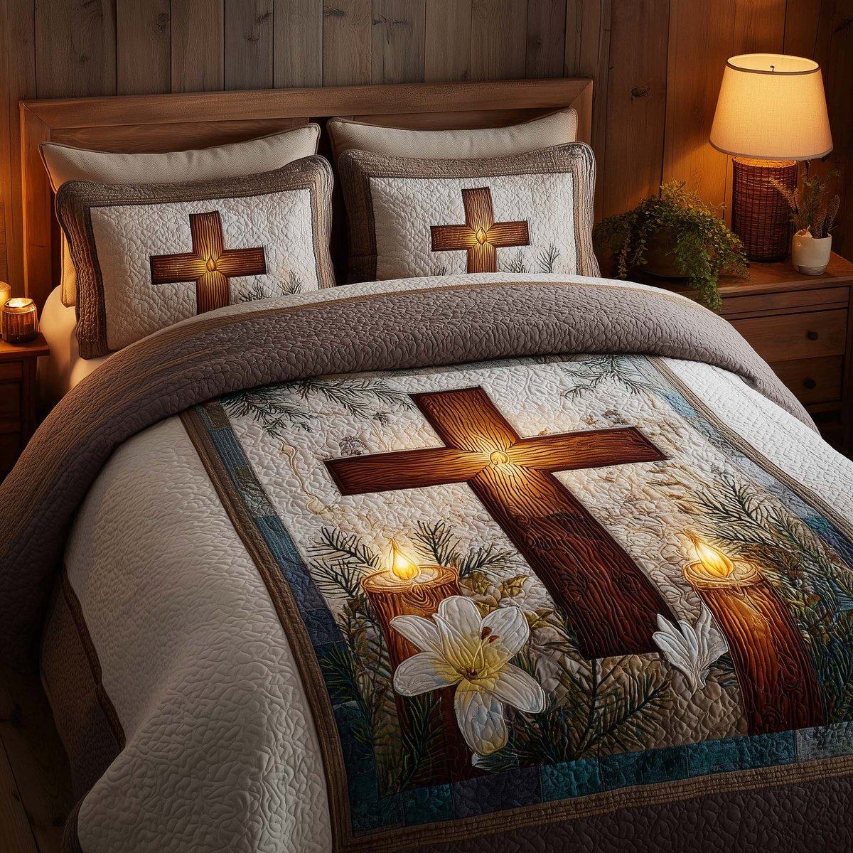 Cross 3 Piece Quilted Bedding Set Gift For Christians