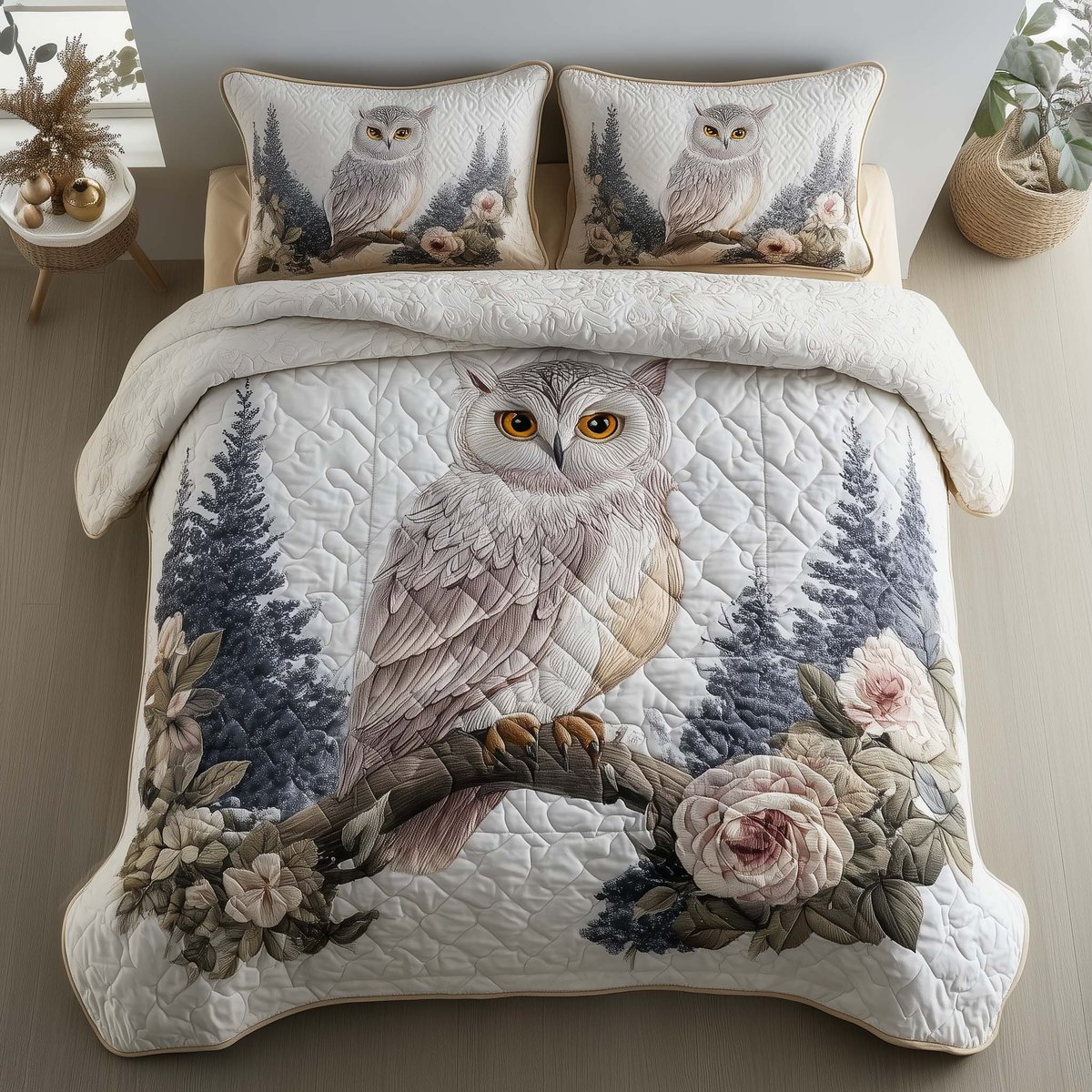 Celestial Owl 3 Piece Quilted Bedding Set Gift For Bird Lovers