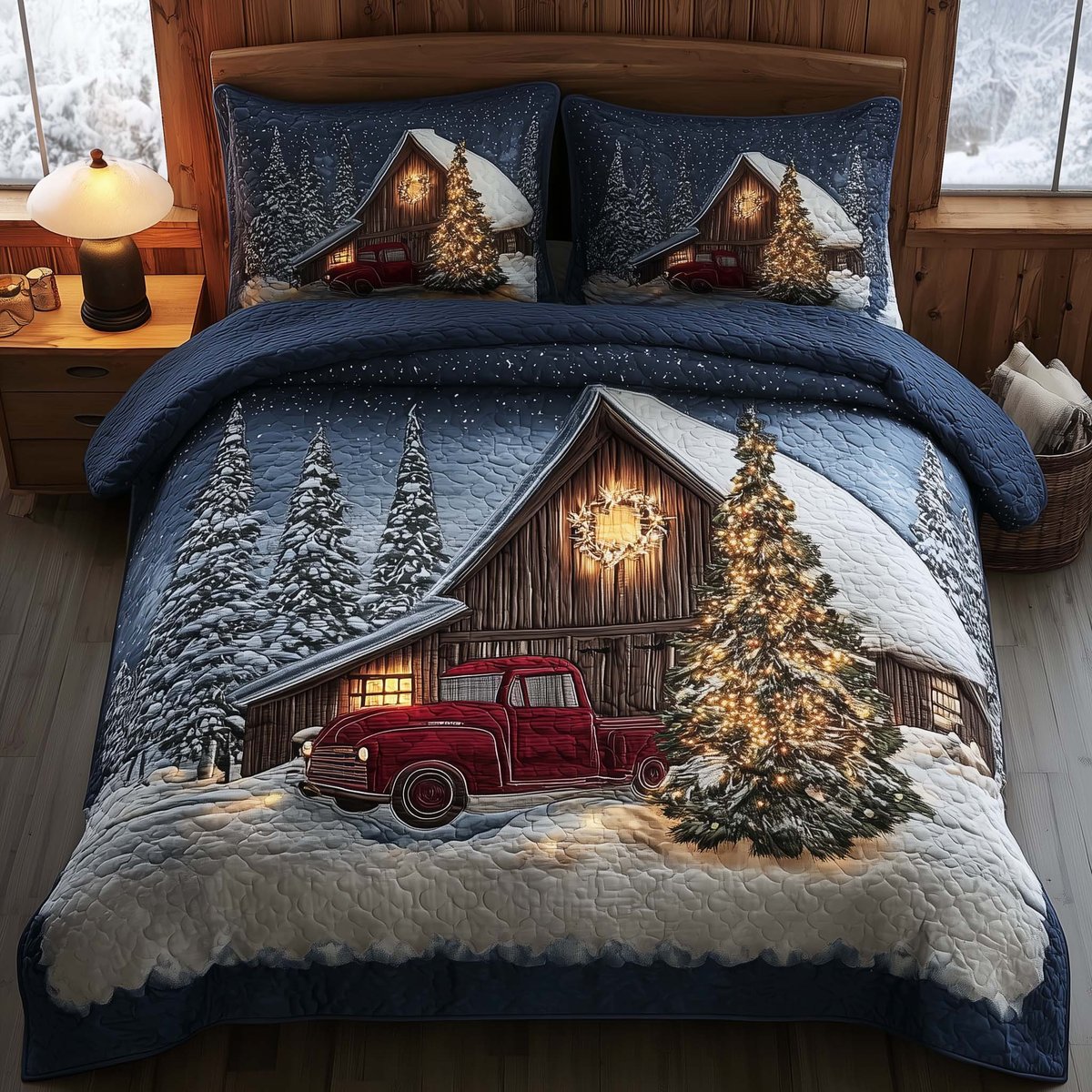 Winter Barn 3 Piece Quilted Bedding Set Gift For Farmhouse Decor Lovers