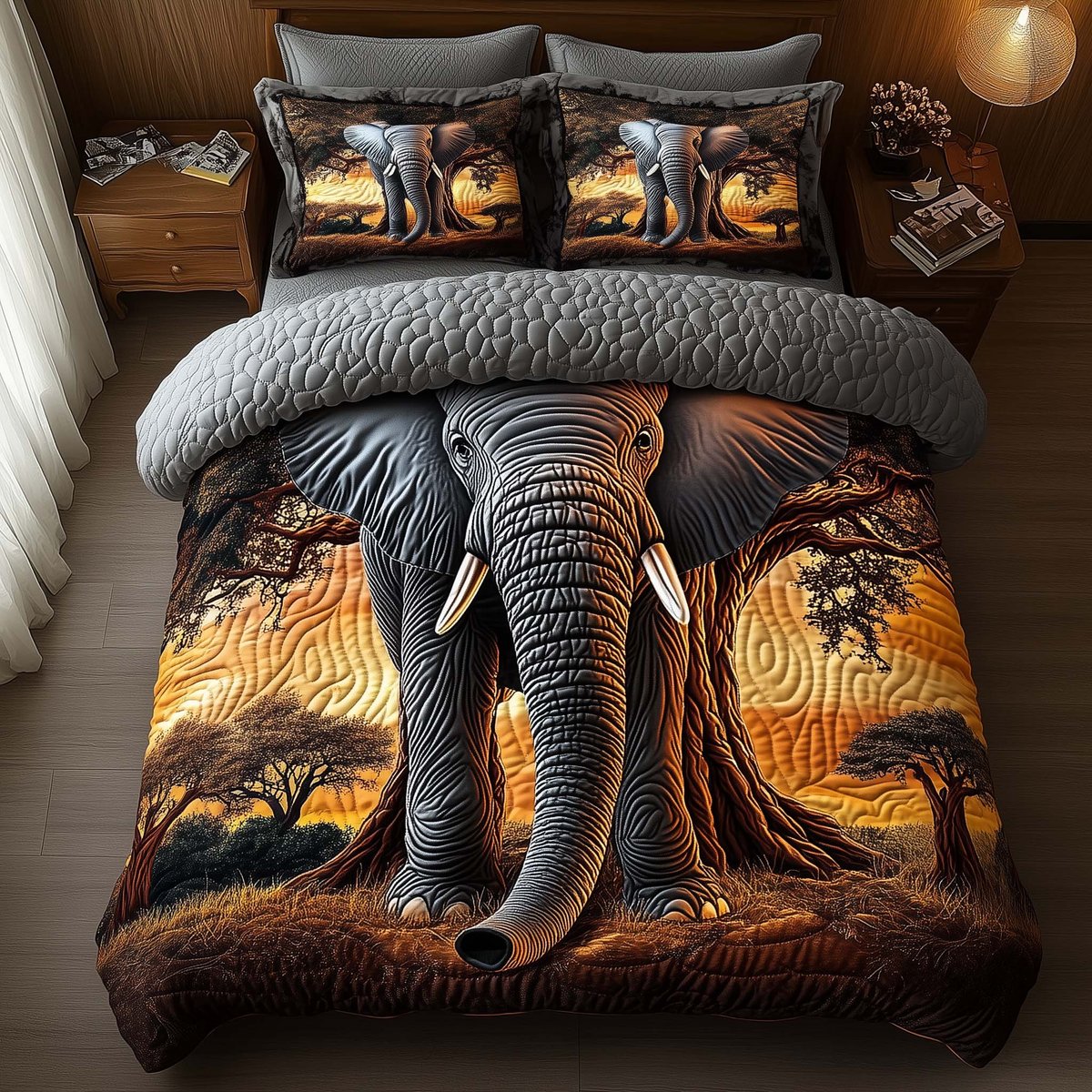 Elephant 3 Piece Quilted Bedding Set Gift For Elephant Lovers