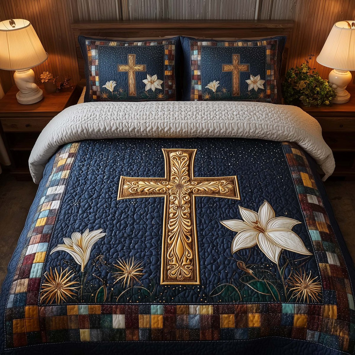 Cross 3 Piece Quilted Bedding Set Gift For Christians