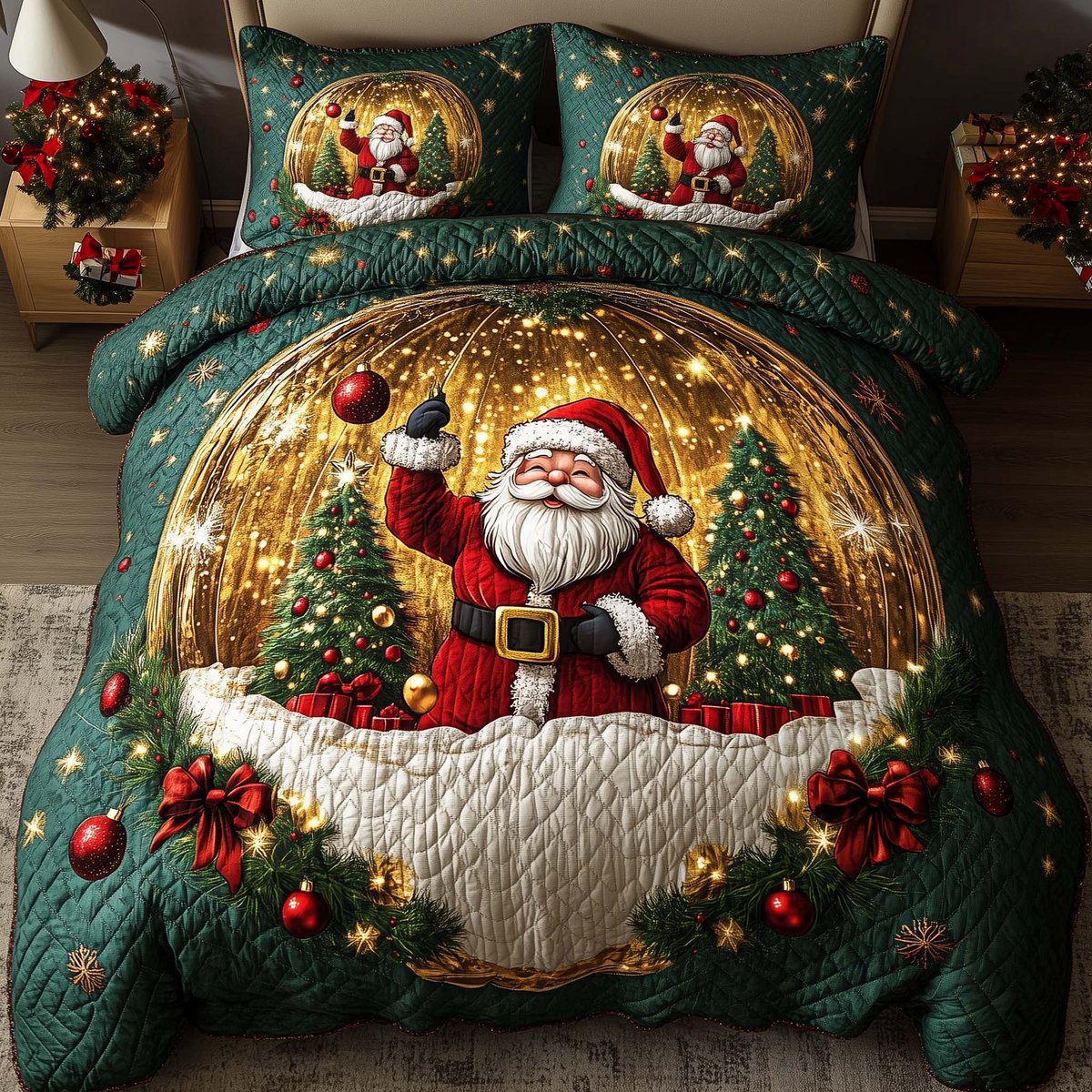 Santa Delight 3 Piece Quilted Bedding Set Christmas Gift For Holiday Decor Lovers