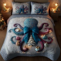 Festive Octopus Beach 3 Piece Quilted Bedding Set Christmas Gift For Beach Lovers