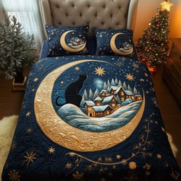 Moon Village Cat 3 Piece Quilted Bedding Set Gift For Cat Lovers
