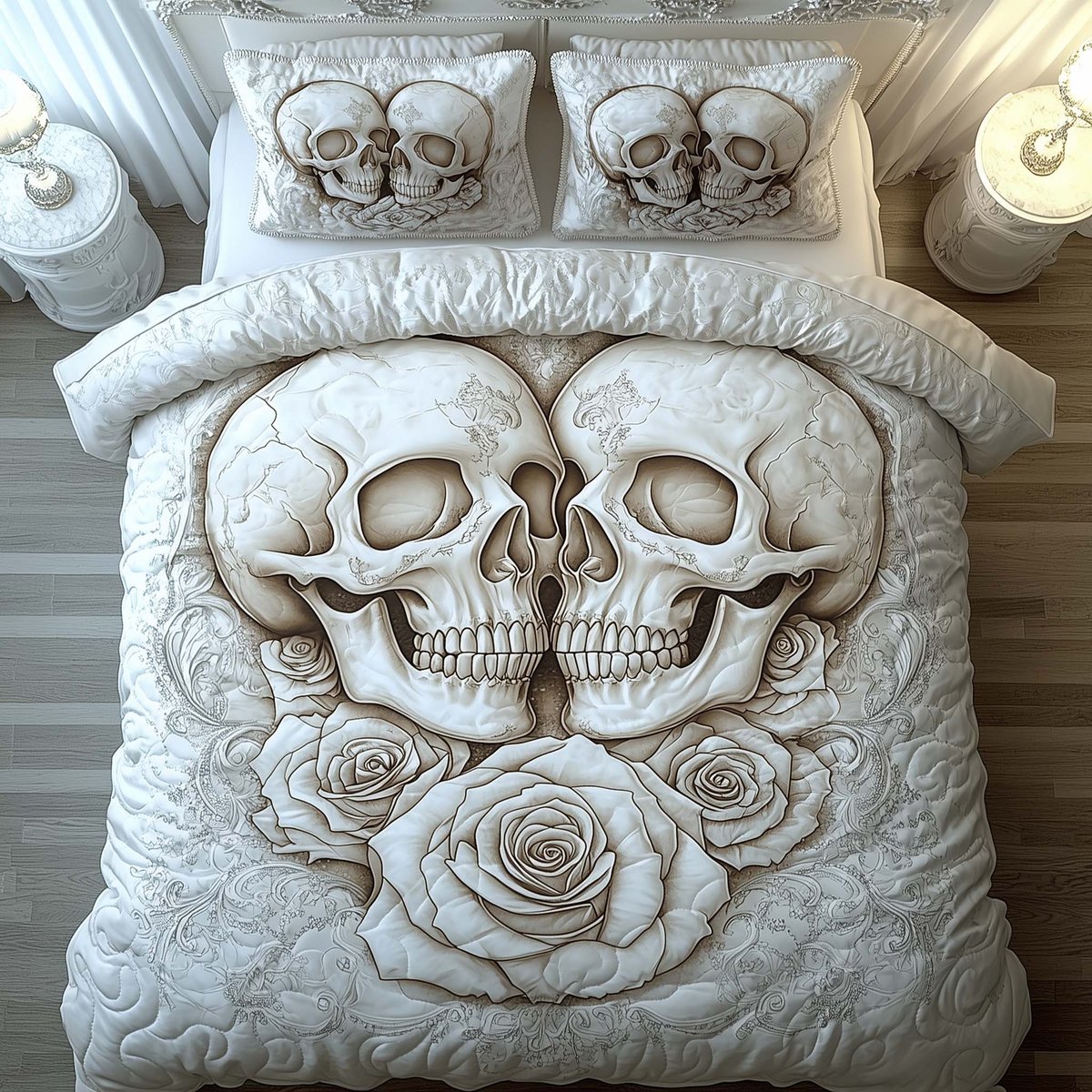 Romantic Gothic Skulls 3 Piece Quilted Bedding Set Gift For Gothic Decor Lovers
