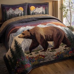 Forest Bear 3 Piece Quilted Bedding Set Gift For Bear Lovers