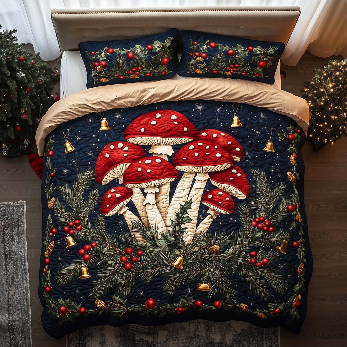 Bell Shrooms 3 Piece Quilted Bedding Set Gift For Holiday Decor Lovers