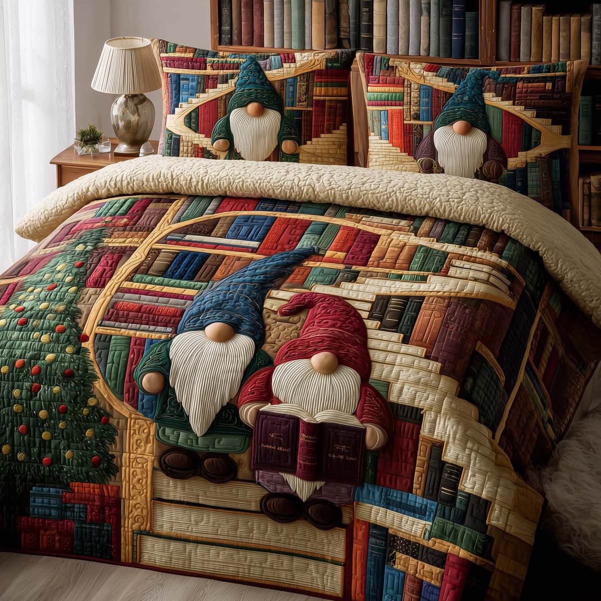 Joyful Gnomes 3 Piece Quilted Bedding Set Christmas Gift For Holiday Decor Lovers