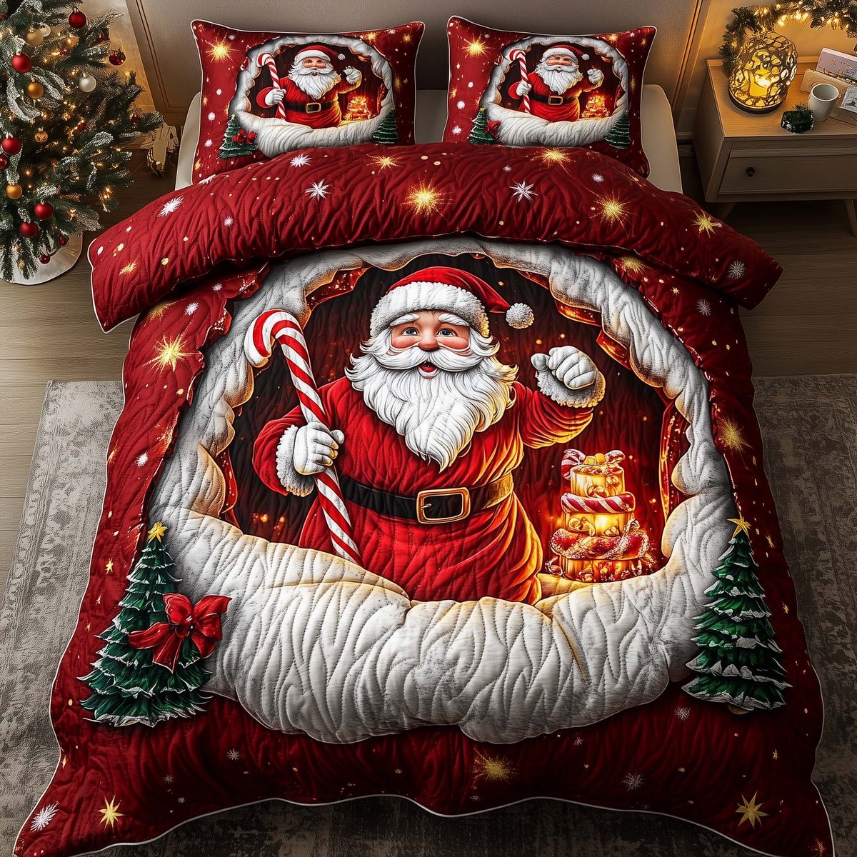 Santa Delight 3 Piece Quilted Bedding Set Christmas Gift For Holiday Decor Lovers