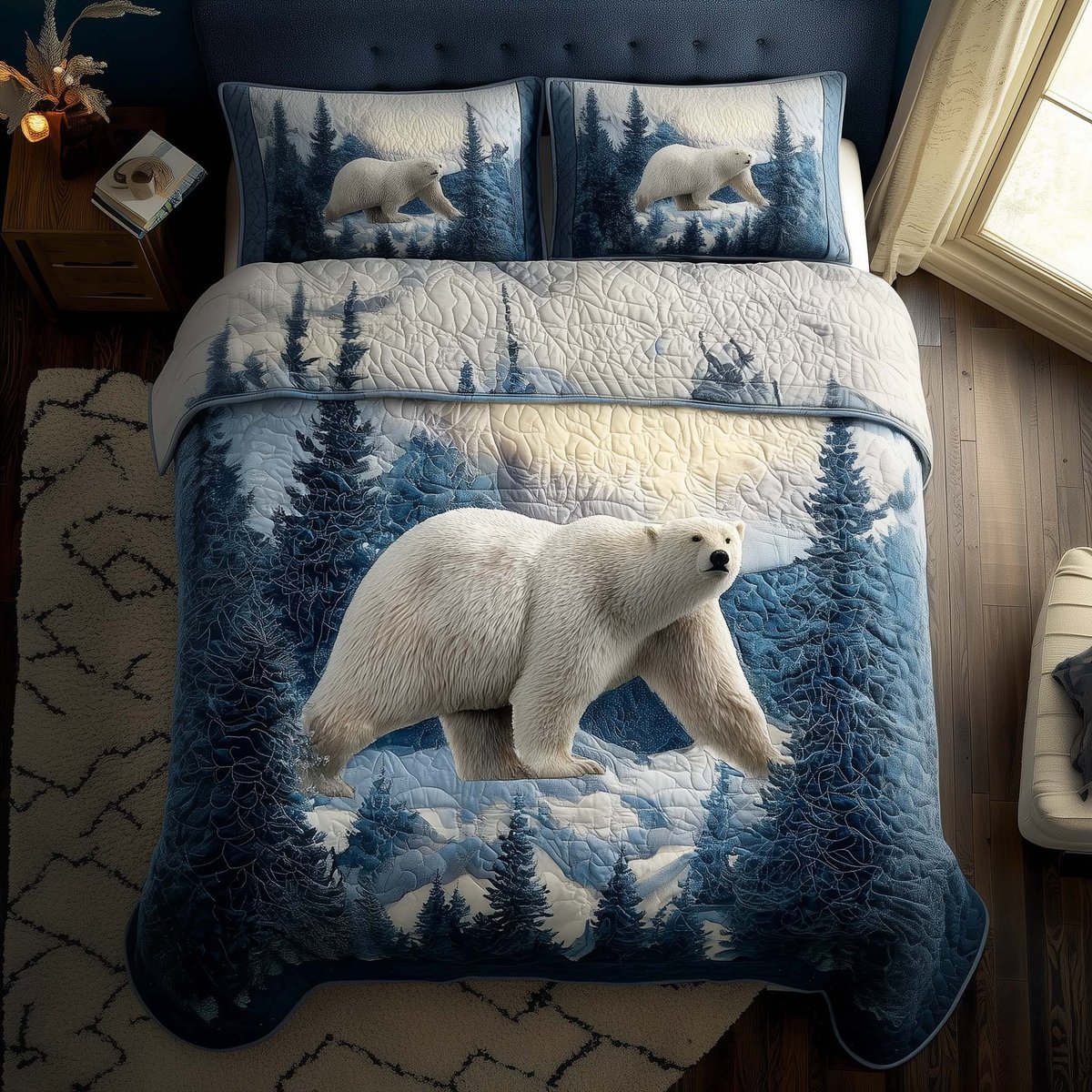 Polar Bear 3 Piece Quilted Bedding Set Gift For Bear Lovers