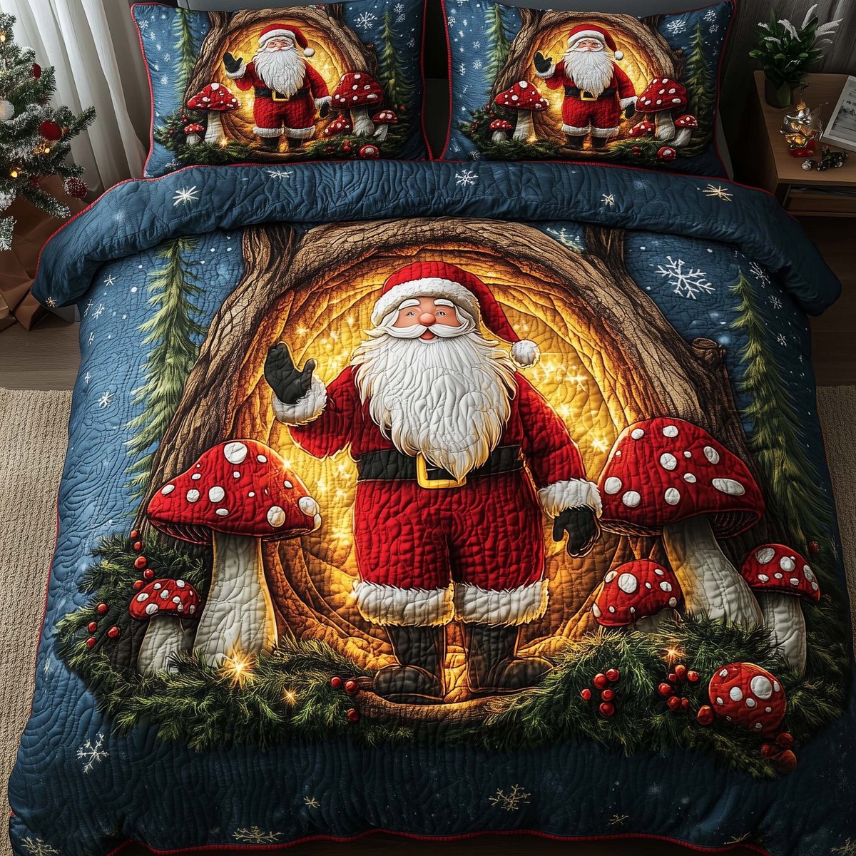Santa Delight 3 Piece Quilted Bedding Set Christmas Gift For Holiday Decor Lovers
