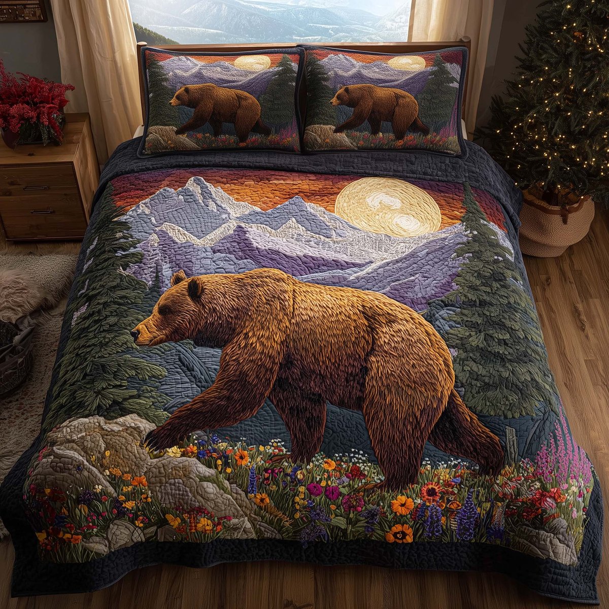 Forest Bear 3 Piece Quilted Bedding Set Gift For Bear Lovers