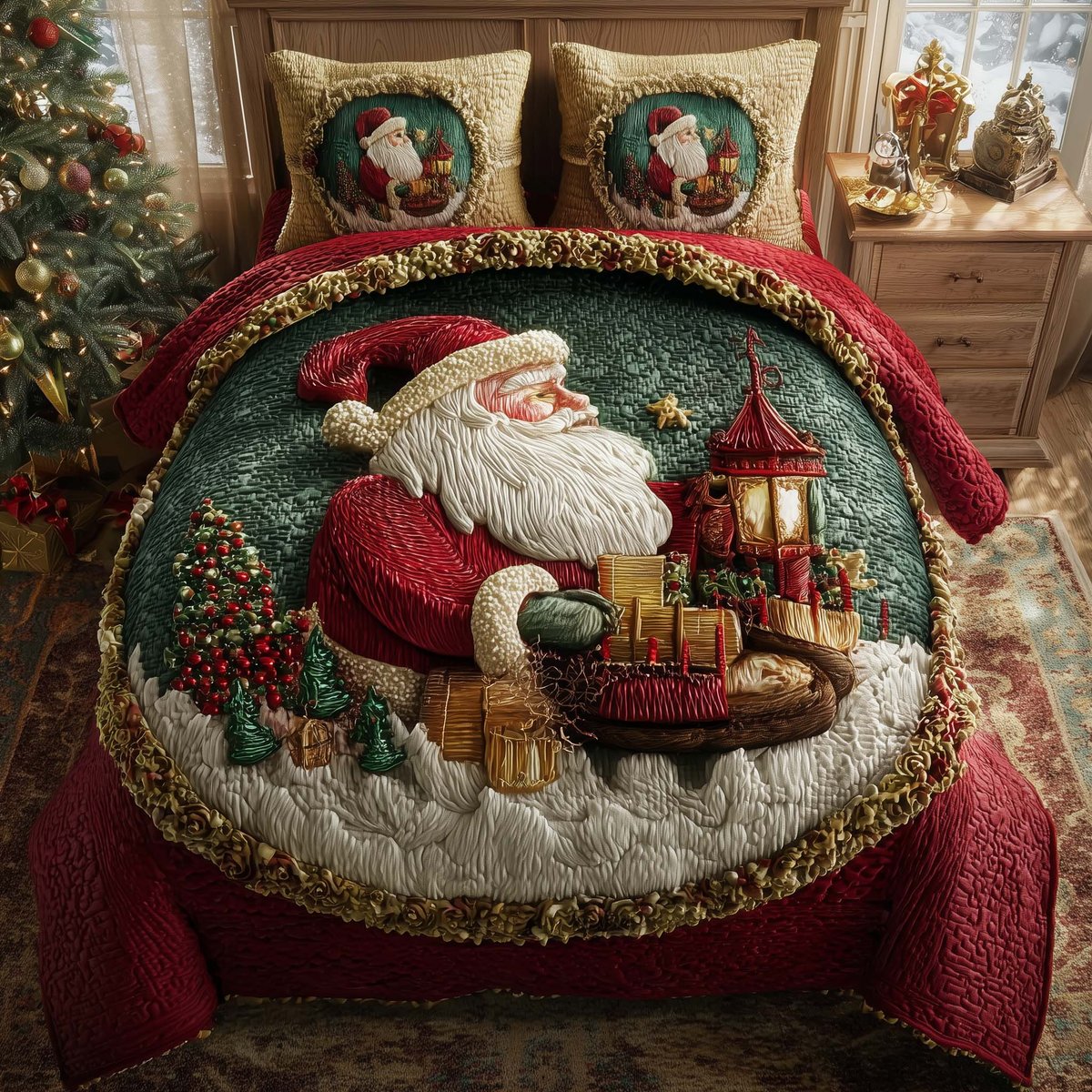 Santa Delight 3 Piece Quilted Bedding Set Christmas Gift For Holiday Decor Lovers