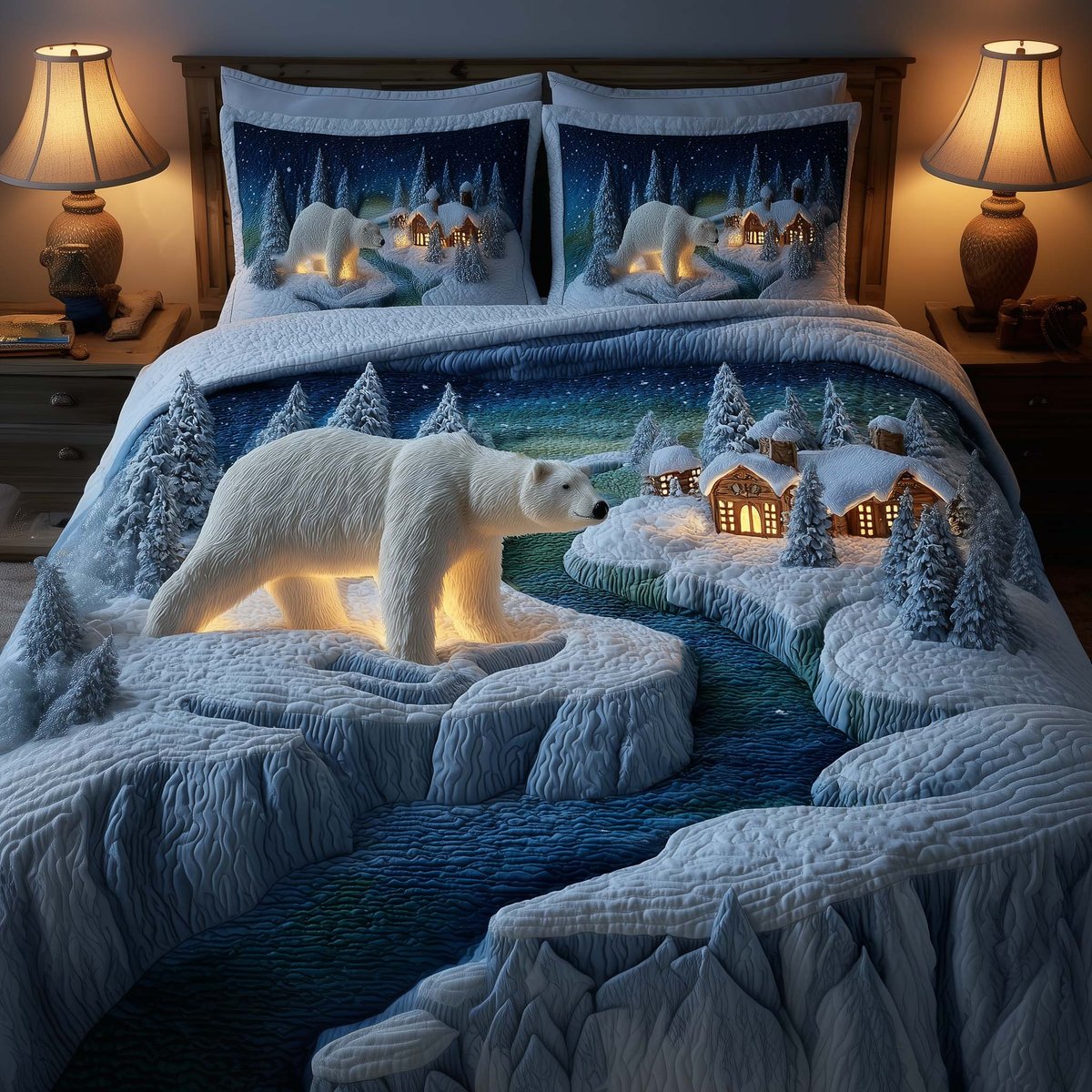 Polar Bear 3 Piece Quilted Bedding Set Gift For Bear Lovers
