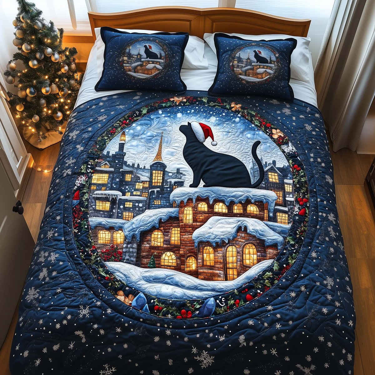 Santa Cat Rooftop 3 Piece Quilted Bedding Set Christmas Gift For Cat Lovers