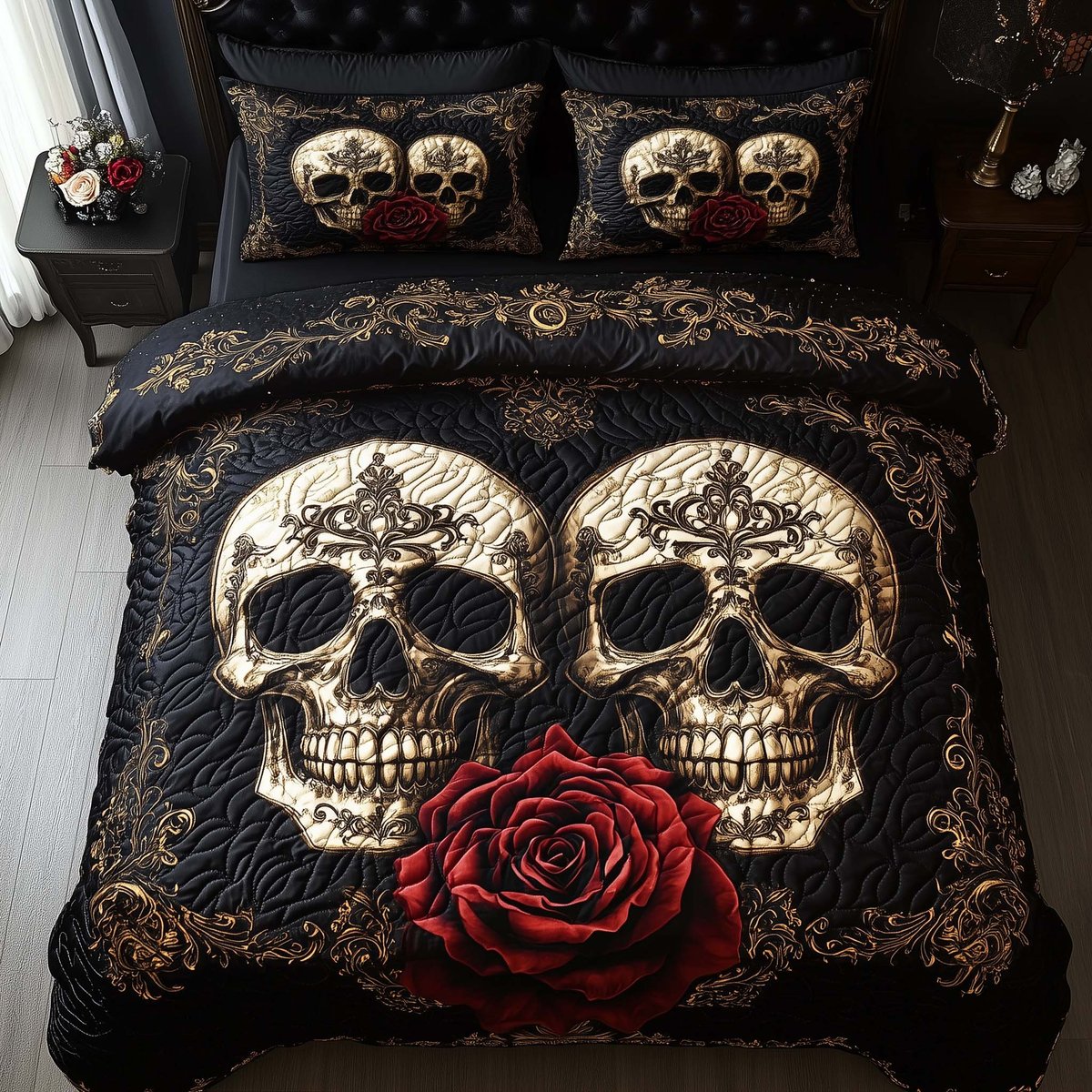 Romantic Gothic Skulls 3 Piece Quilted Bedding Set Gift For Gothic Decor Lovers