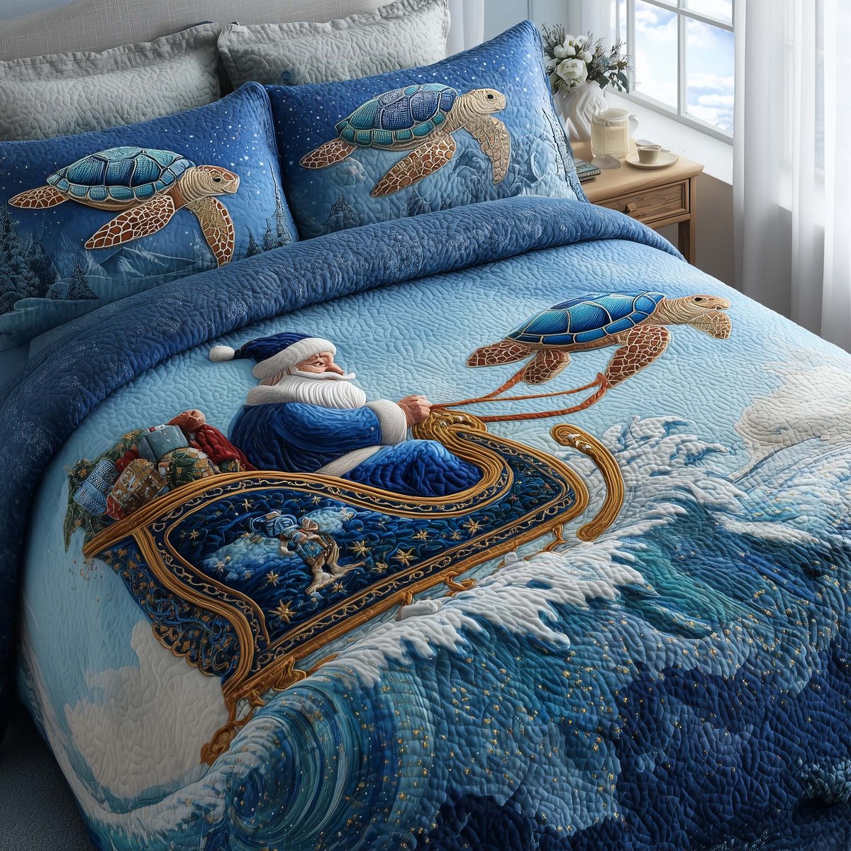 Santa Journey 3 Piece Quilted Bedding Set Christmas Gift For Holiday Decor Lovers
