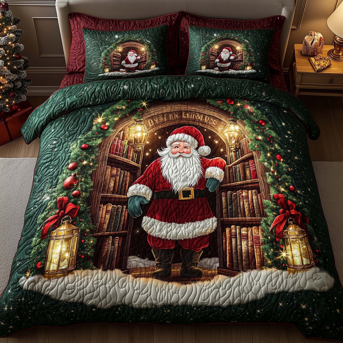 Santa Delight 3 Piece Quilted Bedding Set Christmas Gift For Holiday Decor Lovers