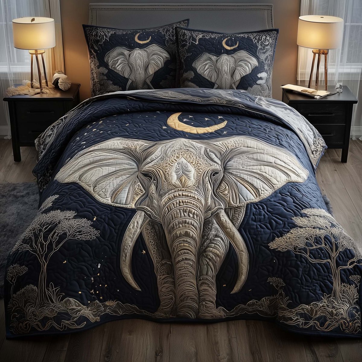 Elephant 3 Piece Quilted Bedding Set Gift For Elephant Lovers