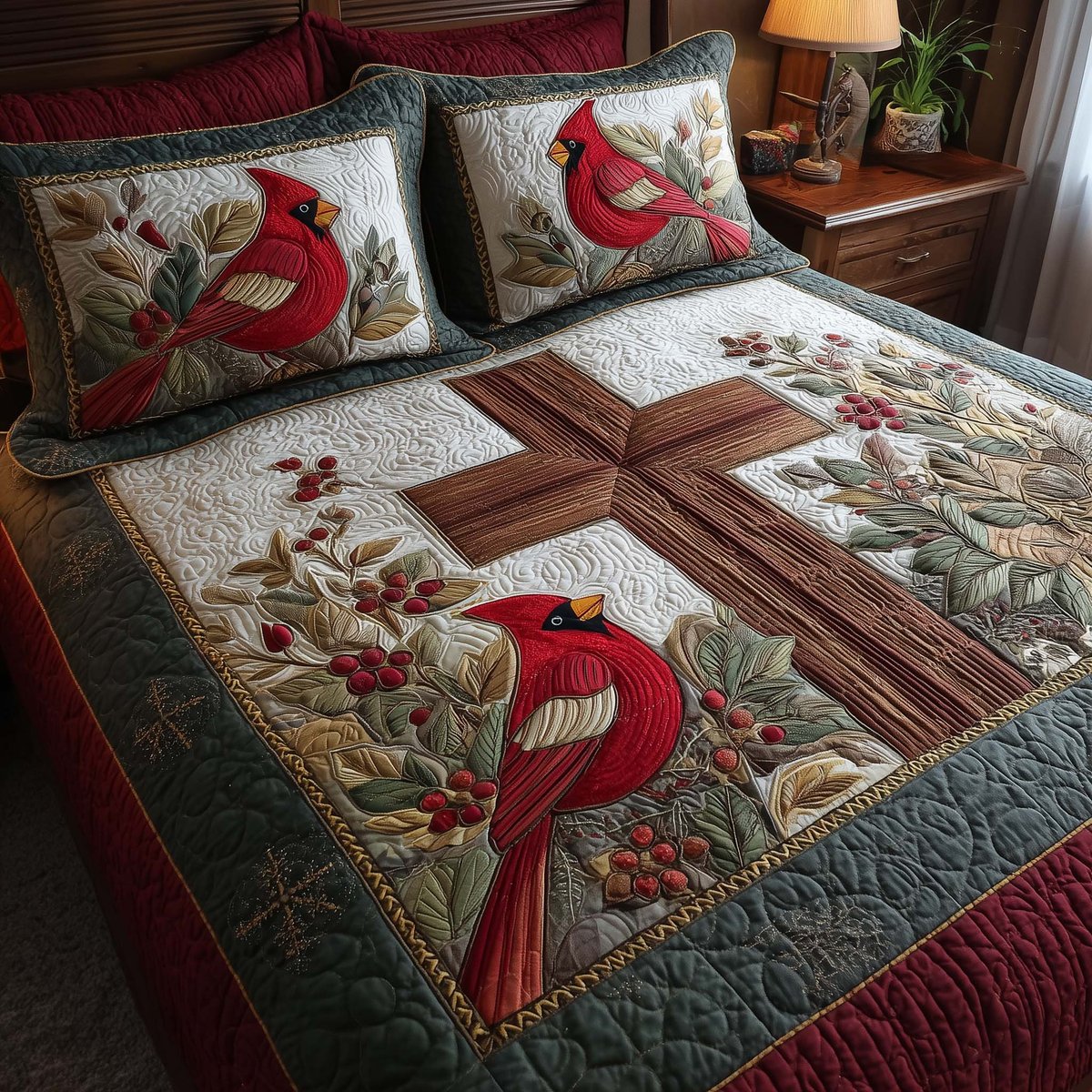 Cross 3 Piece Quilted Bedding Set Gift For Christians