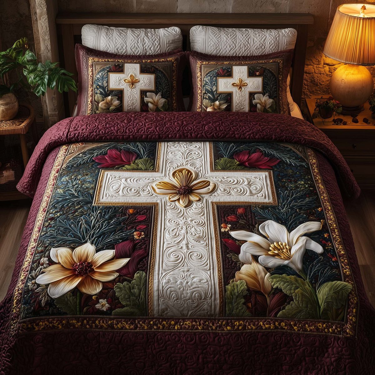 Cross 3 Piece Quilted Bedding Set Gift For Christians