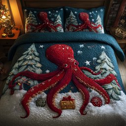 Festive Octopus Beach 3 Piece Quilted Bedding Set Christmas Gift For Beach Lovers
