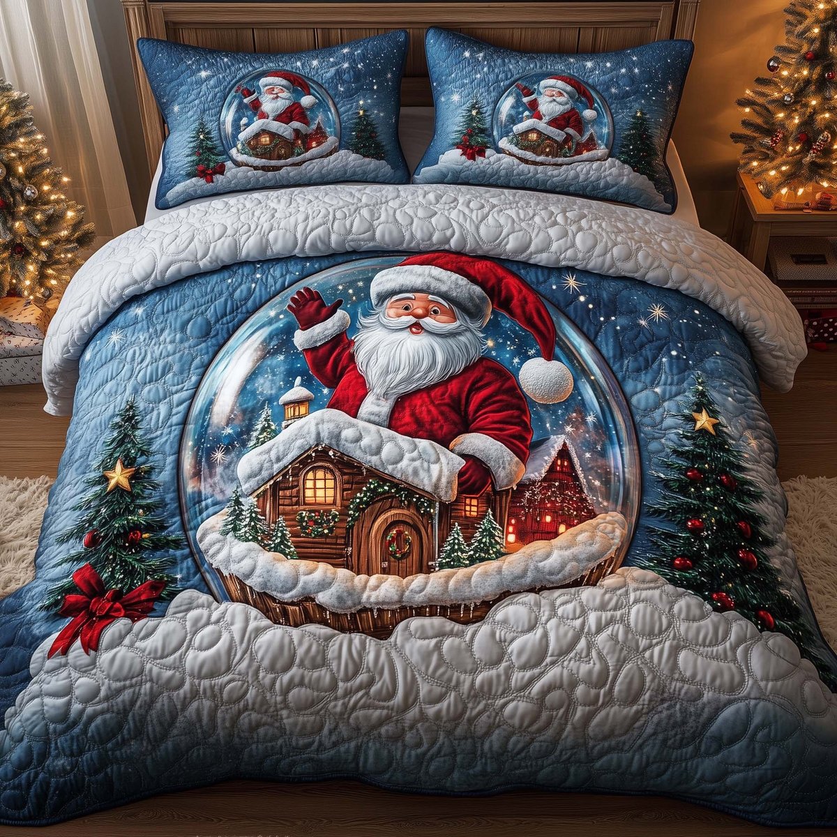 Santa Delight 3 Piece Quilted Bedding Set Christmas Gift For Holiday Decor Lovers