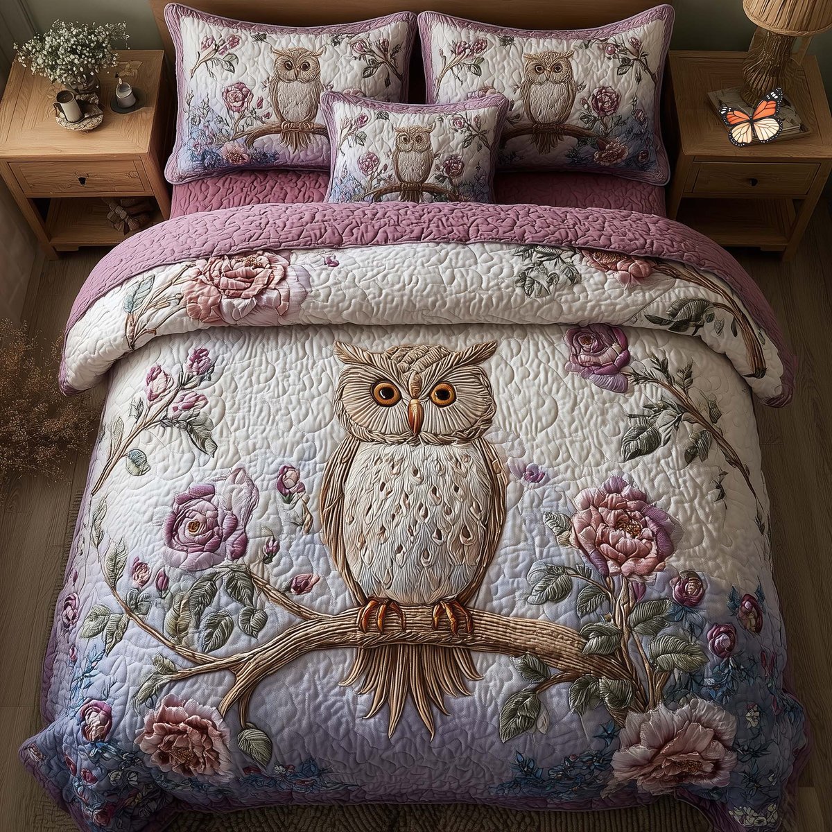 Celestial Owl 3 Piece Quilted Bedding Set Gift For Bird Lovers