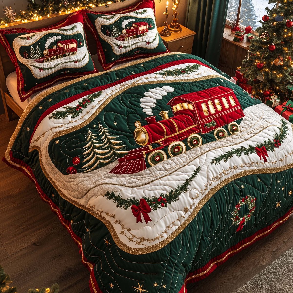 Yuletide Express 3 Piece Quilted Bedding Set Gift For Holiday Decor Lovers