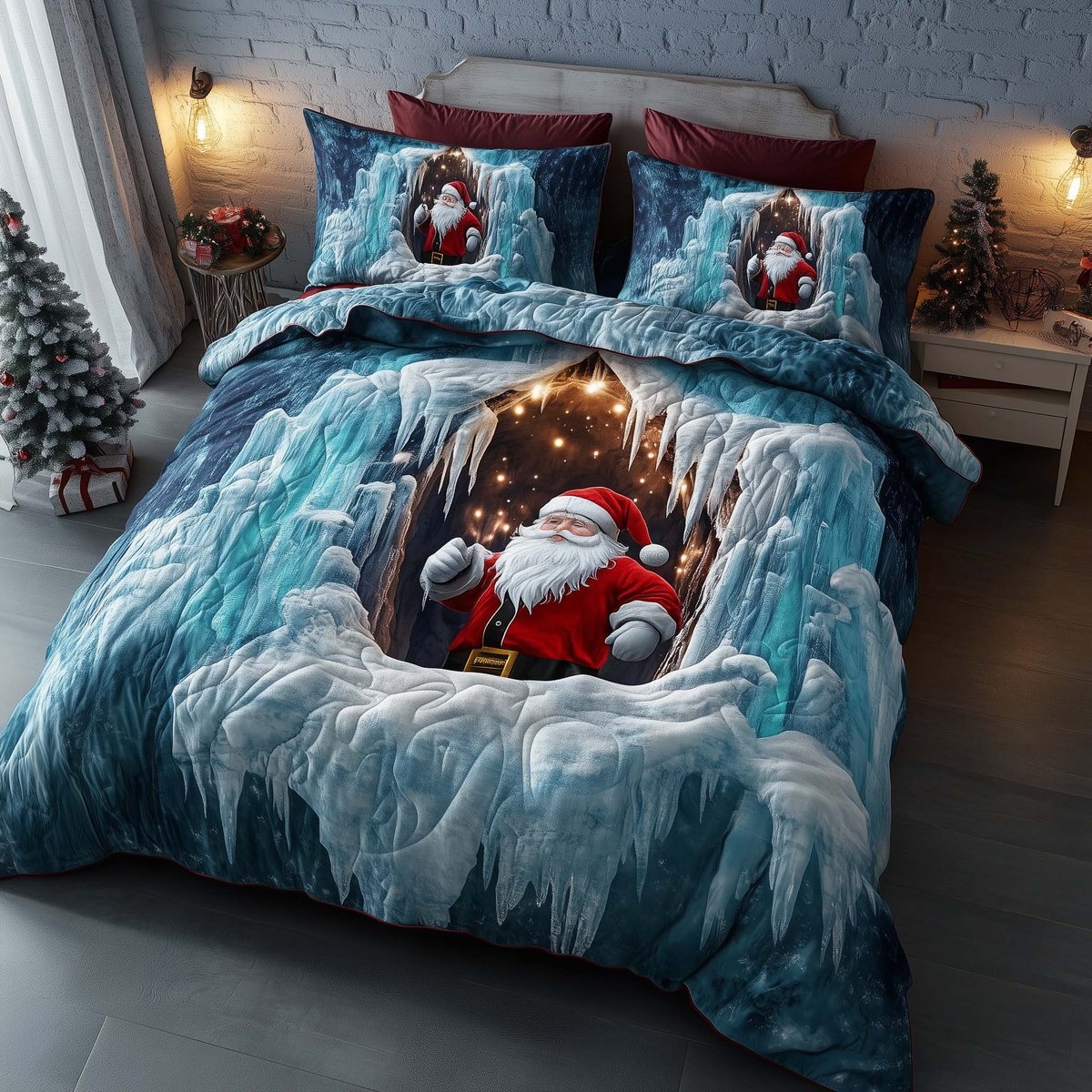 Santa Delight 3 Piece Quilted Bedding Set Christmas Gift For Holiday Decor Lovers