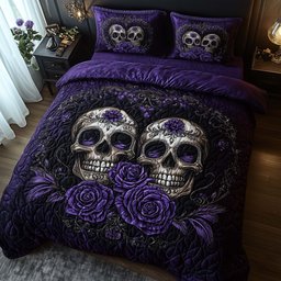 Romantic Gothic Skulls 3 Piece Quilted Bedding Set Gift For Gothic Decor Lovers