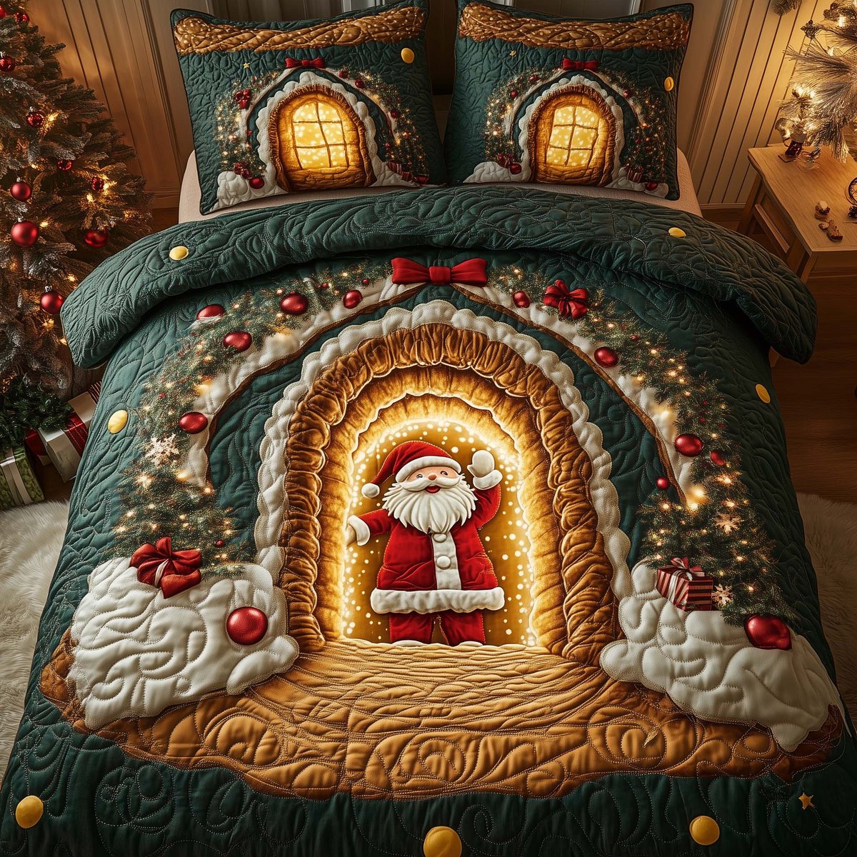 Santa Delight 3 Piece Quilted Bedding Set Christmas Gift For Holiday Decor Lovers