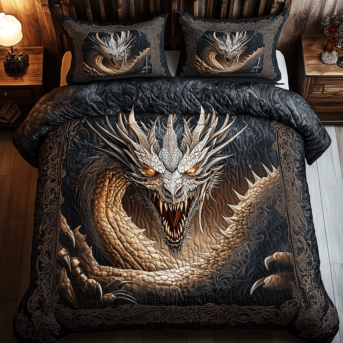 Majestic Dragon 3 Piece Quilted Bedding Set Gift For Fantasy Lovers