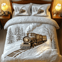 Elegant Train to Snowy Wonderland 3 Piece Quilted Bedding Set Gift For Holiday Decor Lovers