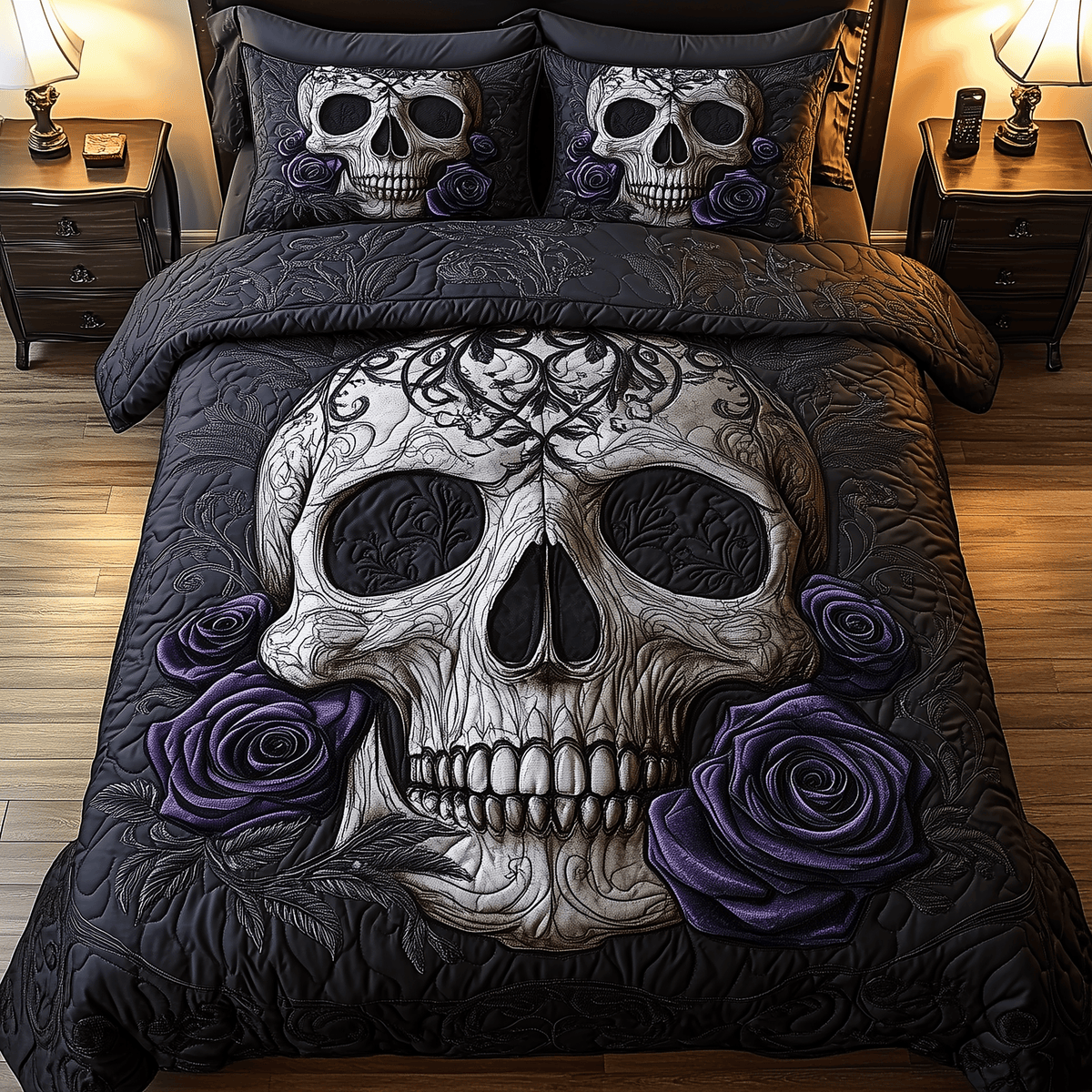 Violet Rose Skull 3 Piece Quilted Bedding Set Gift For Flower Lovers