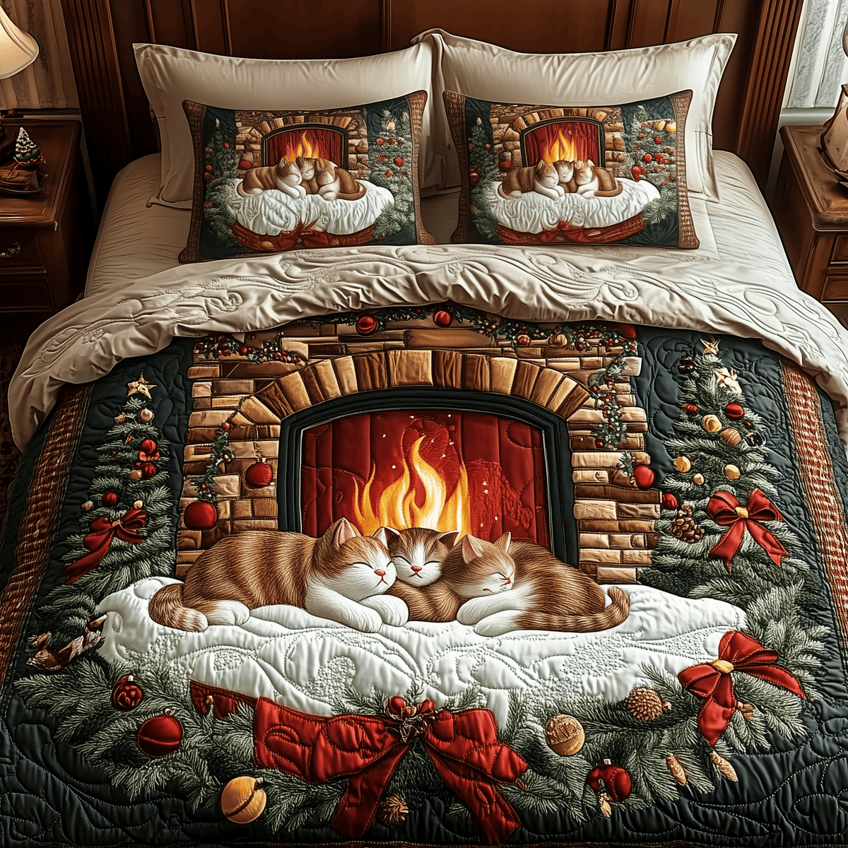 Cats by Fireplace 3 Piece Quilted Bedding Set Gift For Cat Lovers