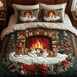 Cats by Fireplace 3 Piece Quilted Bedding Set Gift For Cat Lovers