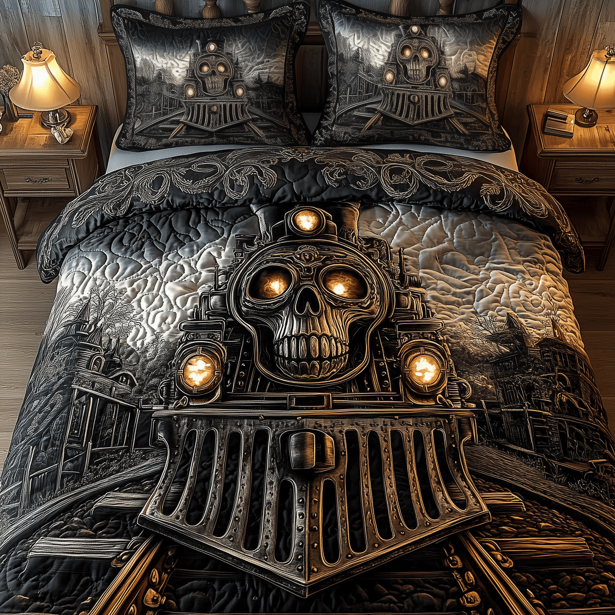 Train to the Skull Land 3 Piece Quilted Bedding Set Gift For Gothic Decor Lovers