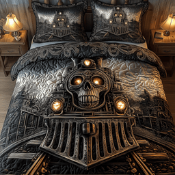 Train to the Skull Land 3 Piece Quilted Bedding Set Gift For Gothic Decor Lovers
