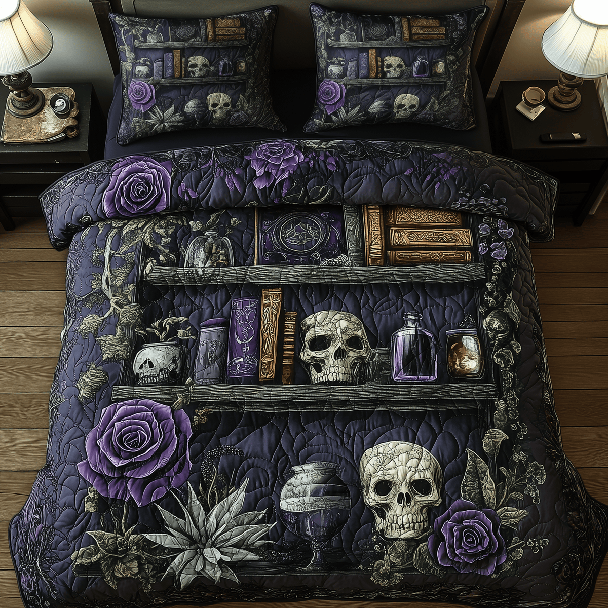 Bookshelf of Death Skull 3 Piece Quilted Bedding Set Gift For Gothic Decor Lovers